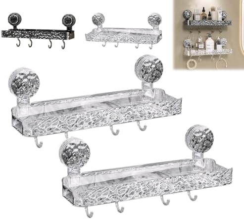 Wall-Mounted Suction Cup Bathroom Shelf, No Drill Acrylic Storage Rack with 4 Hooks, Light Luxury Glacier Pattern, Corrugated Design, Clear Suction Cup Holder for Easy Organization
