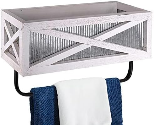 Autumn Alley Farmhouse Rustic Towel Rack Shelf Holder - Wood Towel Rack Basket Storage - Farmhouse Towel Holder for Rustic Bathroom and Farmhouse Kitchen Décor - Wall Mounted, Galvanized, Rustic White