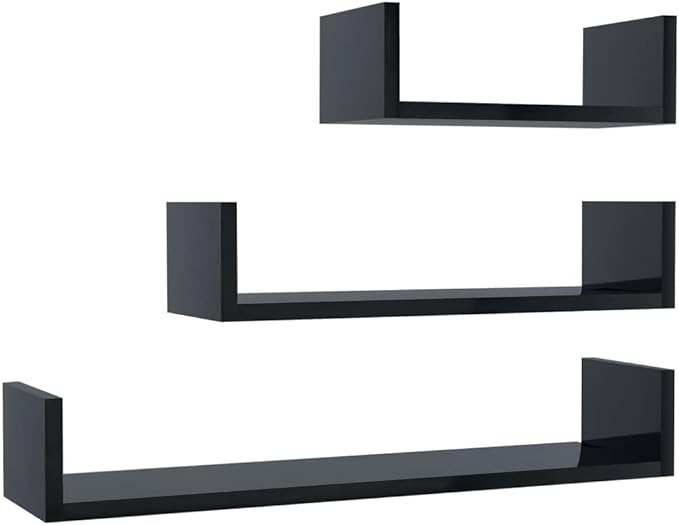 Set of 3 Floating Shelves Wall Mounted U-Shaped Shelving Unit High Gloss Black Engineered Wood Display Storage for Living Room Bedroom Kitchen