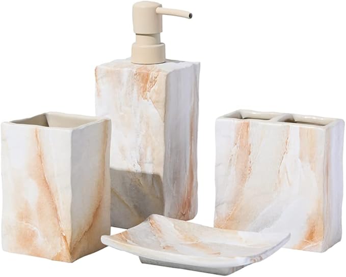 RQYIXI Bathroom Accessories Set 4 Pcs Marble Look Sets Toothbrush Holder Soap Dispenser Counter Top Ceramic Bathroom Decor Set Beige