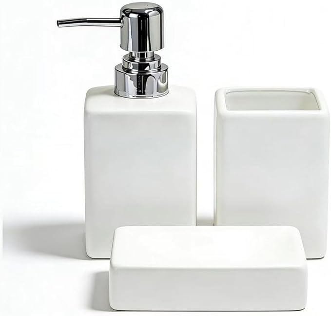 White Bathroom Accessory Set 3 Pcs,Ceramic Soap Dispenser and Toothbrush Holder Cup Soap Dish,Modern Countertop Bath Decor Set for Stylish Bathroom Organization