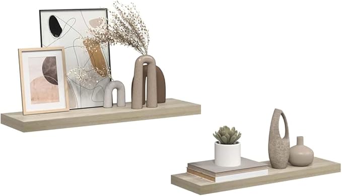 Floating Wall Shelves Set of 2, Invisible Mounting Oak Wood Look Display Shelves 31. 5 Inch for Living Room Bedroom, Modern Rustic Home Decor for Books Plants Photos, heavy-duty MDF with Metal Frame