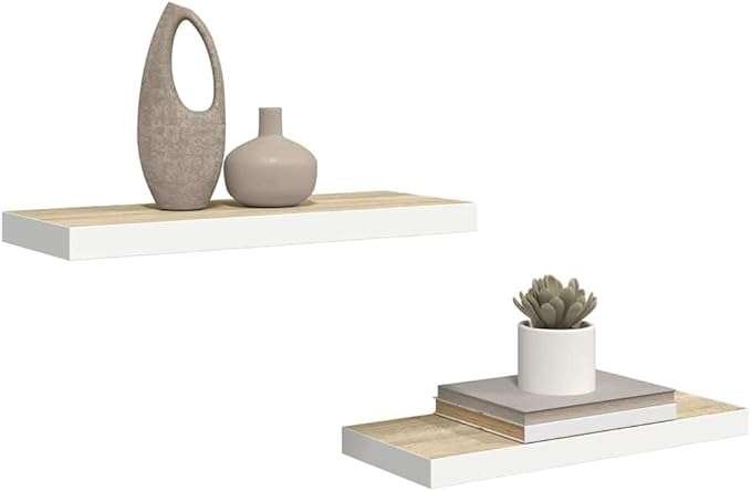 Floating Wall Shelves Set of 2, Modern Oak and White Honeycomb MDF Display Shelves for Living Room, Bedroom and Office, Decorative Wall Mounted Storage Shelf 23.6 Inch