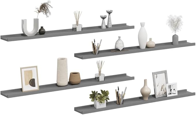 Set of 4 Floating Wall Shelves 39.4 Inch Modern Rectangular MDF Shelf for Bedroom Living Room Grey Storage Display Ledge