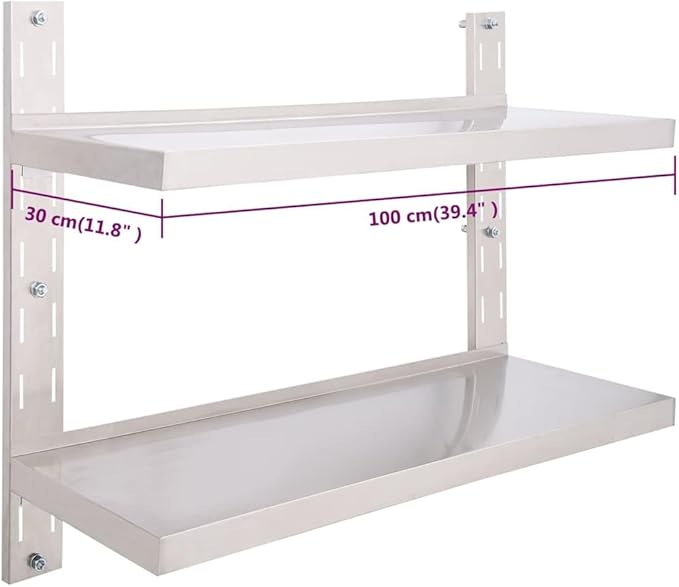 2-Tier Floating Wall Shelf, 39.4x11.8 Inch Stainless Steel Storage Rack for Kitchen and Bathroom, Heavy Duty Polished Metal Organizer, Adjustable Wall Mount Display Shelf