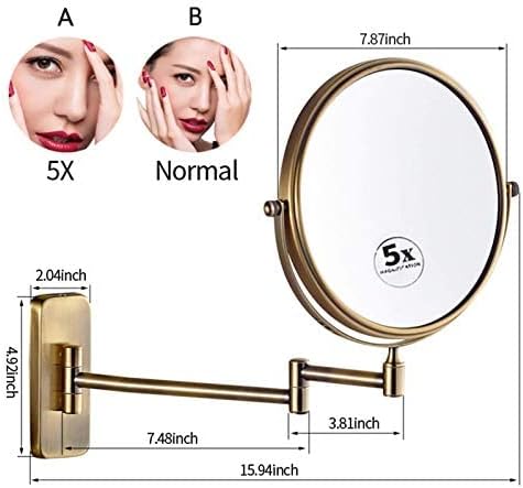 Bathroom Wall-Mounted Mirrors,8 inch Makeup Mirrors,Double Sided Brass Magnifying Mirror,Extendable Folding 360°Swivel Vanity Shaving Mirrors(Brass,7X)
