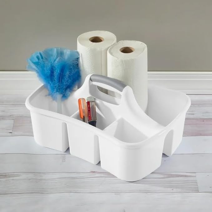 Large Plastic Utility Caddy with 4 Compartments – Heavy-Duty Storage Organizer for Cleaning Supplies, Sponges & Spray Bottles – Easy-Carry Handle (White)