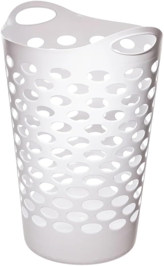 Plastic Round Laundry Hamper, White, with Carrying Handles
