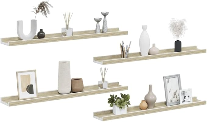 Set of 4 Floating Wall Shelves 31.5 Inch, Modern White and Sonoma Oak Display Ledges for Living Room, Bookshelf Wall Decor Storage Organizer