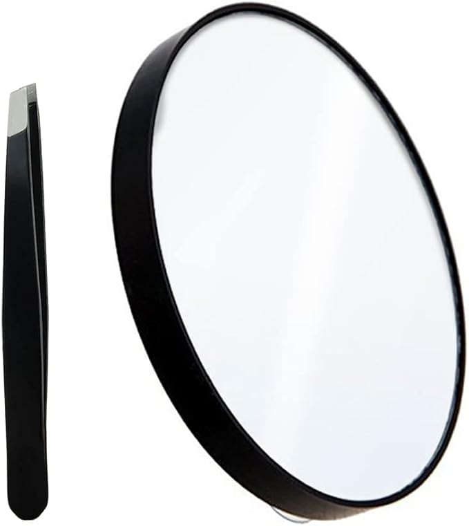 10X Magnifying Makeup Mirror with 1 Tweezers Portable Round Mirror 2 Suction Cups Travel Set for Eyebrow Tweezing Blackhead Blemish Removal Bathroom Magnified Cosmetic Mirror (Diameter 4.3 inches)
