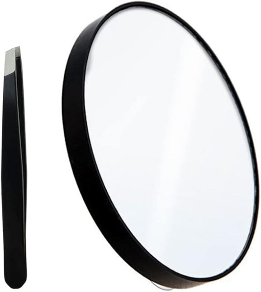 10X Magnifying Makeup Mirror with 1 Tweezers Portable Round Mirror 2 Suction Cups Travel Set for Eyebrow Tweezing Blackhead Blemish Removal Bathroom Magnified Cosmetic Mirror (Diameter 4.3 inches)