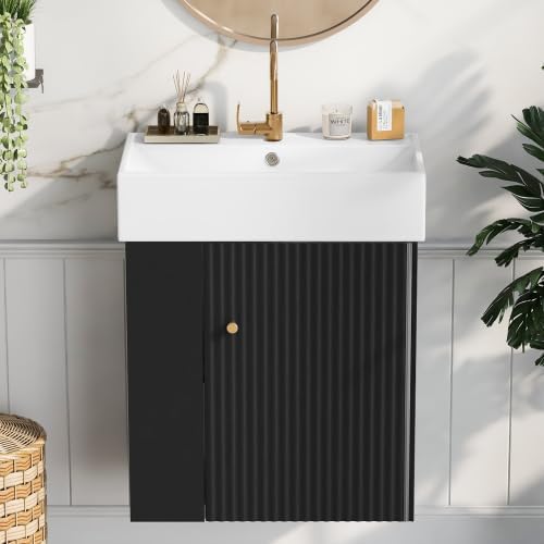 Virubi 21.6 in Floating Bathroom Vanity with Sink,Soft Closing Doors,Solid Wood Frame & MDF Modern Single Small Black Bathroom Vanity Cabinet with Open Shelf,Wall Mounted