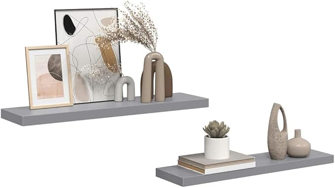 Set of 2 Large Floating Wall Shelves, Modern Gray Rectangular Display Shelves for Living Room, Bedroom, and Office, Decorative MDF Storage Shelving Unit with Mounting Hardware