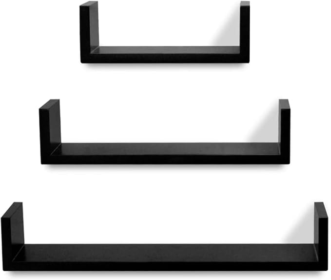 Floating Wall Shelves Set of 3, Modern U-Shape Display Ledges for Living Room, Bedroom & Office, Durable Matte Black MDF Wall-Mounted Storage Shelves