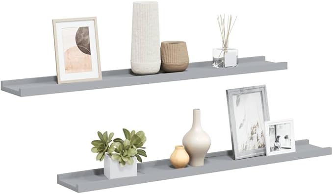 Set of 2 Wall Mounted Picture Ledge Shelves, 31.5 Inch Modern Floating Display Shelf for Photo Frames, Books, and Decor, Gray Lacquered MDF Finish