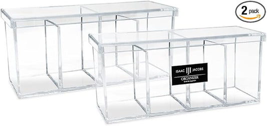 Isaac Jacobs 2-Pack 4-Compartment Clear Acrylic Organizers with Lid (9” L x 3” W x 4” H), Makeup Brush Holder, Sectional Tray, Storage Solution for Makeup, Crafts, Office Supplies & More (2, Clear)