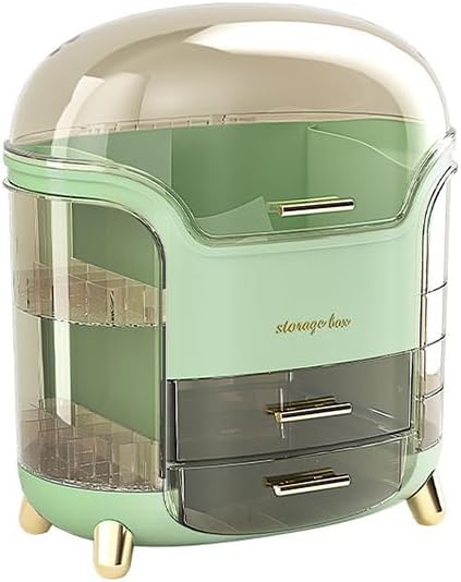 Professional Makeup Organizer Box and Cosmetic Display Case for Perfume, Lotion, Skincare Creams, Brushes, and Accessories, Large Vanity Storage, Rotating Drawers-Green