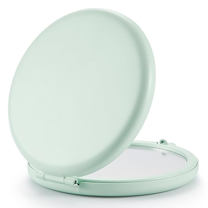 Compact Mirror for Purse, Set of 2 Double-Sided 1X/2X Magnifying Metal Pocket Makeup Mirrors(Round, Cyan)