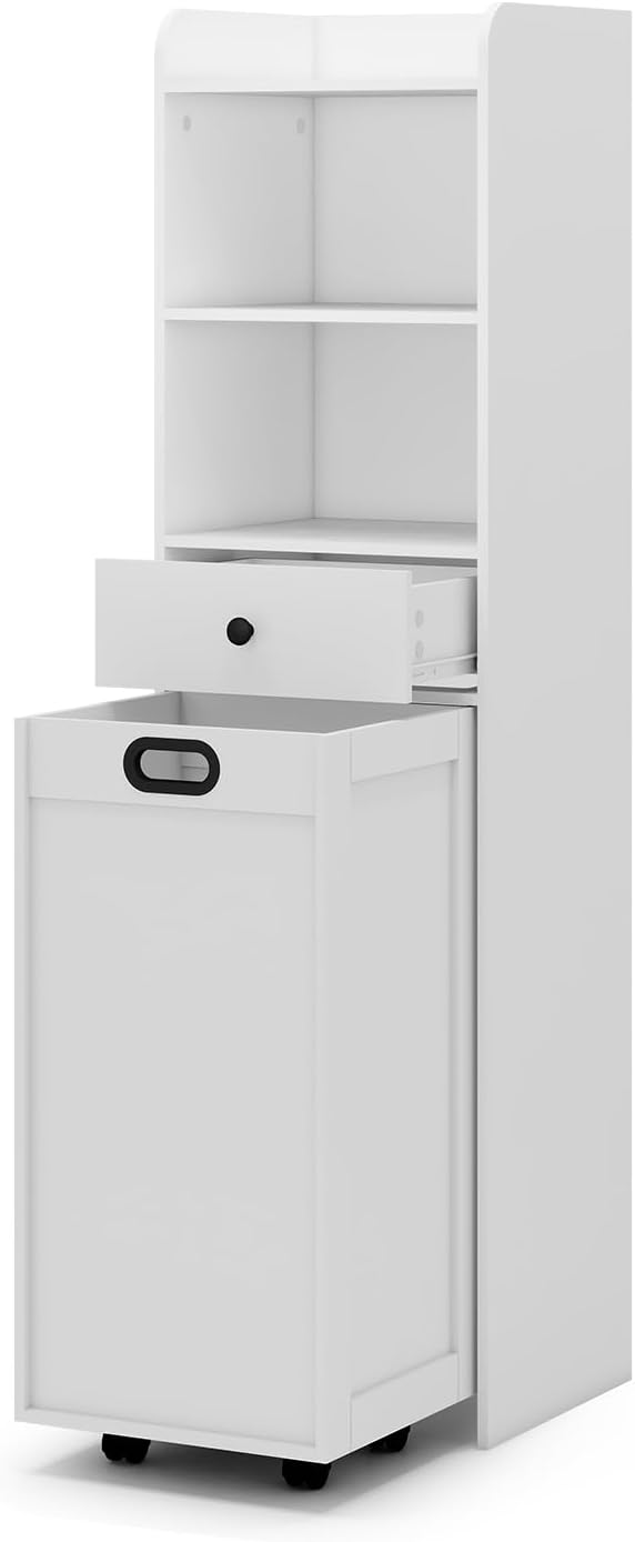 Laundry Hamper Cabinet, Laundry Cabinets and Storage with Multi Shelves, Hidden Movable Laundry Hamper Cabinet for Bathroom or Laundry Room Organization, White