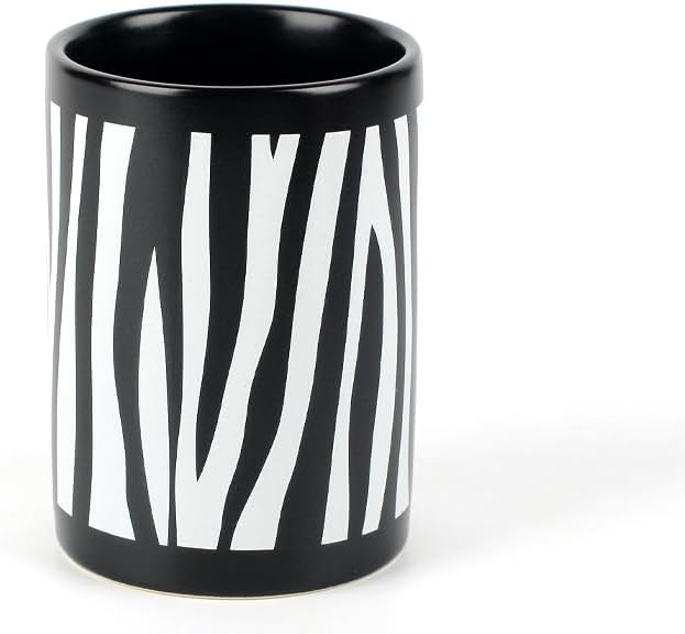 WPM 4 Piece Ceramic Bathroom Accessories Set - Zebra Print - Our Complete Bath Decor Kit Includes Designer Soap or Lotion Dispenser - Toothbrush Holder - Tumbler - Soap Dish