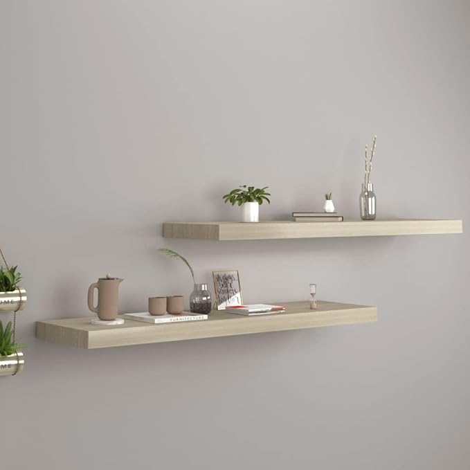 Floating Wall Shelves 2 Pack Oak Wood Look 35.4x9.3 Inches MDF Honeycomb Shelving with Invisible Mounting for Living Room Bedroom Office Decor Display Storage