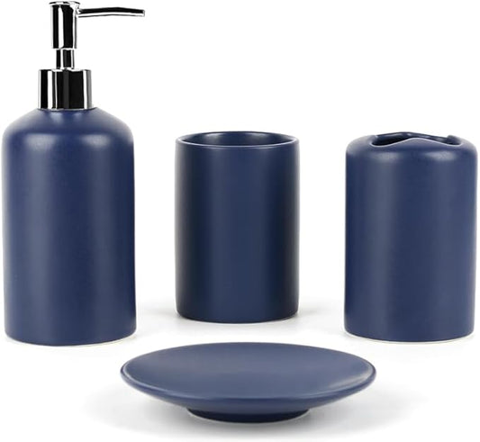 WPM 4 Piece Ceramic Bathroom Accessories Set - Navy - Our Complete Bath Decor Kit Includes Designer Soap or Lotion Dispenser - Toothbrush Holder - Tumbler - Soap Dish (Navy)