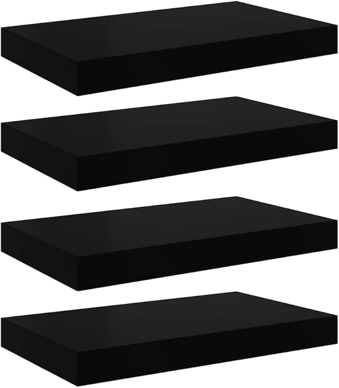 Floating Wall Shelves Set of 4, Modern High Gloss Black Display Shelves for Bedroom, Living Room, Home Office Decor, Stylish Rectangular Wall Mounted Storage Shelves