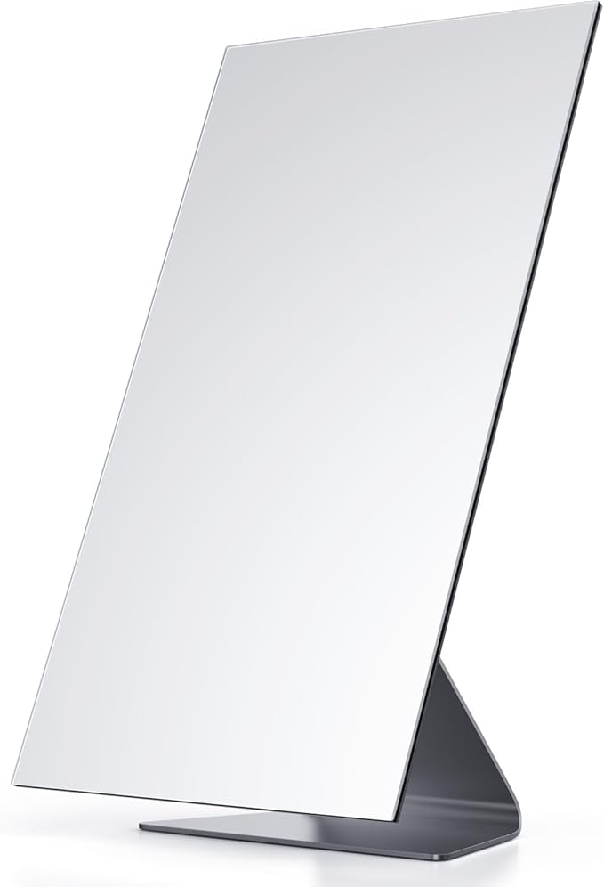 NEZZOE Rectangular Free-Standing Makeup Mirror, Frameless 1X Vanity Mirror with Adjustable Tilt, Metal Base, for Desk, Bathroom Countertop or Windowsill, 12 x 7 Inches