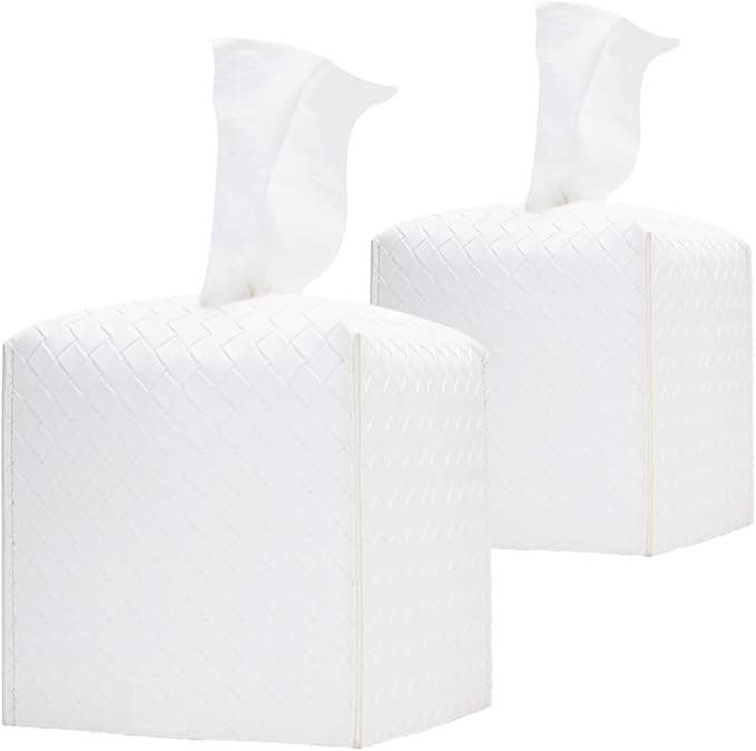 HOMOTEK 2 Pack Tissue Box Cover,PU Leather Tissue Holder,Square Decorative Facial Tissue Cube Paper Organizer Dispenser for Bathroom, Night Stands, Desk, Car 5X5X5'' - Woven Waffle, Pure White