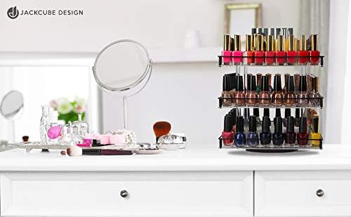 J JACKCUBE DESIGN Nail Polish Organizer, 3 Tier Acrylic 360 Rotating Display Rack Stand Makeup Cosmetics Storage Box Carousel Shelf with Black Iron Guard, Hold Up to 180 – MK302-3