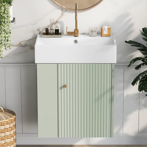 Virubi 21.6 in Floating Bathroom Vanity with Sink,Soft Closing Doors,Solid Wood Frame & MDF Modern Single Small Green Bathroom Vanity Cabinet with Open Shelf,Wall Mounted