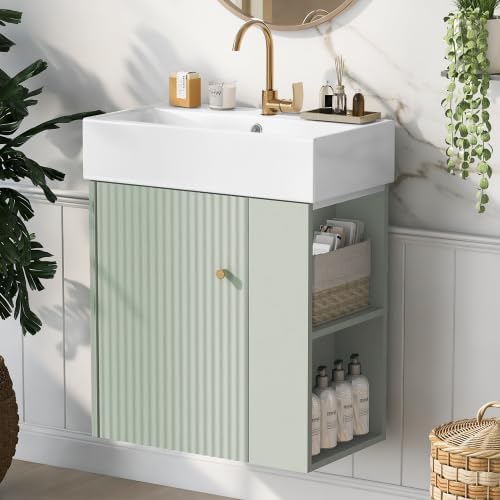 Virubi 21.6 in Floating Bathroom Vanity with Sink,Soft Closing Doors,Solid Wood Frame & MDF Modern Single Small Green Bathroom Vanity Cabinet with Open Shelf,Wall Mounted