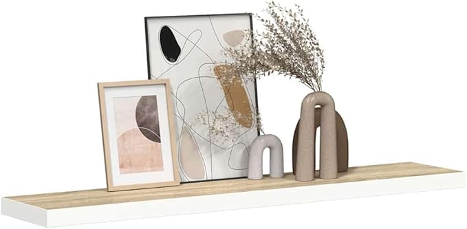 Floating Wall Shelf 47.2 Inch Oak and White Modern Wood Display Shelf for Living Room Bedroom Invisible Mounting Shelves for Books and Collectibles