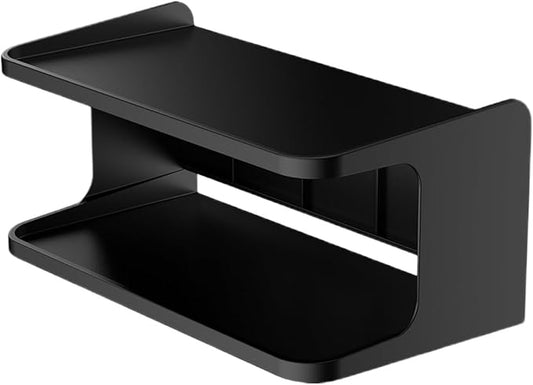 BESPORTBLE Double Layer Bedside Shelf Wall Organizer Floating Storage Rack for Bathroom Kitchen Office Space-Saving Black Wall-Mounted Shelf with Upper Tray for Mobile Phones and Personal