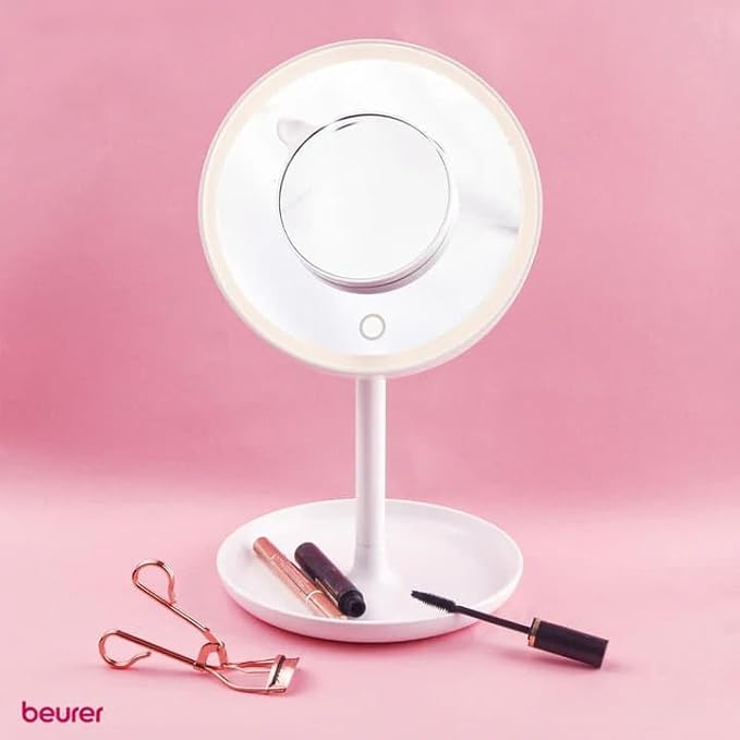 Beurer Illuminated 5X Vanity and Cosmetics Mirror, Touch Sensor Surface, Storage Tray, with Portable, Magnetic Magnifying Makeup Mirror, White LED Light and Dimmer, Cordless, 360° Rotation, BS45