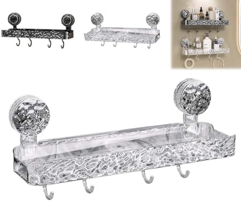 Wall-Mounted No Drill Suction Cup Bathroom Shelf, Clear Acrylic Storage Rack with 4 Hooks, Stylish Glacier Pattern, Durable Corrugated Suction Cup Holder for Easy Organization