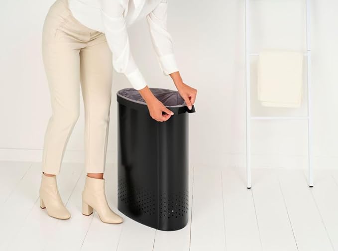 Brabantia Selector Laundry Basket with Lid | 14.5 Gal - 2 Compartment Washing Basket with Quick‑Drop Lids & Removable Cotton Bag | Matt Black