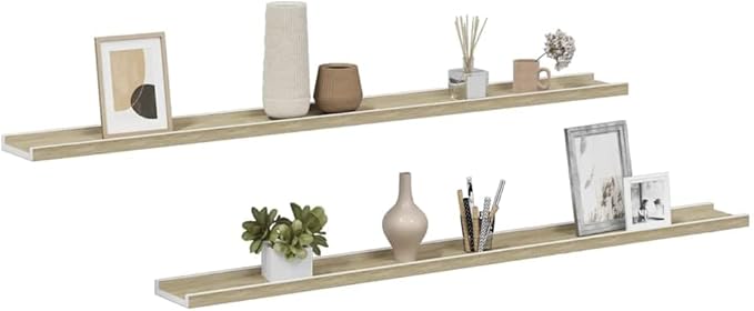 Wall Shelf Set of 2 Floating Shelves, 45.3 Inch Modern Display Shelving for Bedroom and Living Room, White and Sonoma Oak MDF Storage Ledge