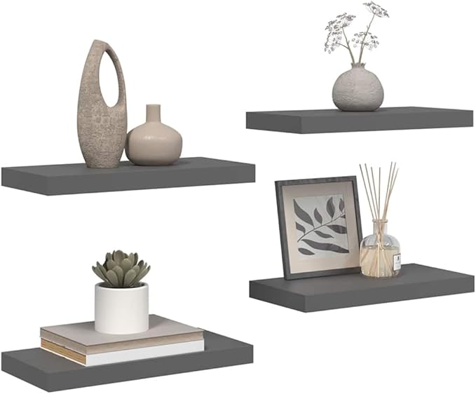 Floating Wall Shelves Set of 4, Modern High Gloss Gray Display Shelves with Invisible Mounting, 19.7x9.1 Inches MDF Board for Living Room Bedroom Office Decor, Holds 15.4 lbs Each