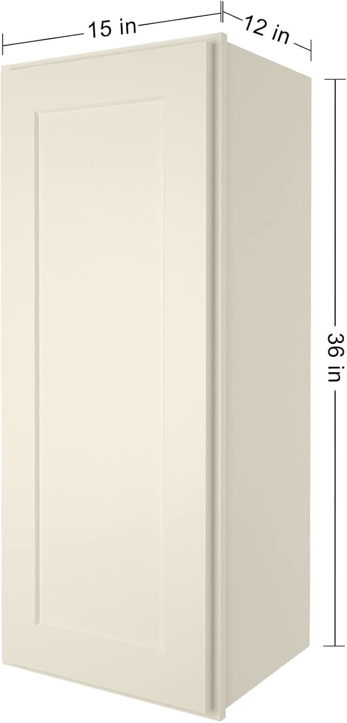 ROOMTEC Wood Wall Cabinet, RTA Single Door Medicine Cabinet with Adjustable Shelves and Soft-Close Door for Kitchen, Bathroom, and Laundry. 12" D*15" W*36" H, Shaker Antique White
