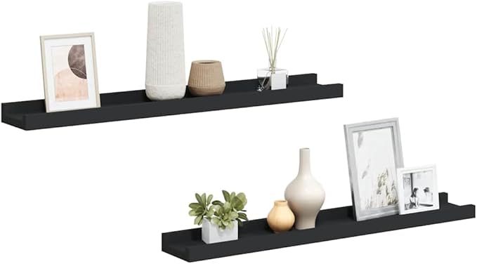 Floating Picture Ledge Shelf Set of 2, 23.6 inch Wall Mounted Display Shelves for Photos, Art, Decor, Modern Black MDF Storage Shelves