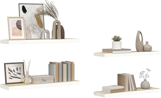 Wall Shelf Set of 4 Floating Shelves for Wall Decor, Modern Rectangular Oak and White Display Ledges for Living Room, Office, Books, and Collectibles, 31.5 Inch