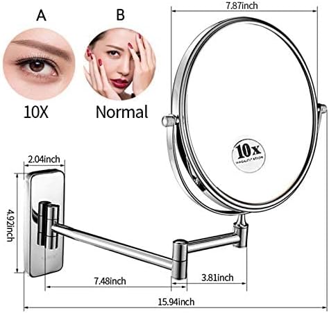 Bathroom Wall-Mounted Mirrors,8 inch Makeup Mirrors,Double Sided Brass Magnifying Mirror,Extendable Folding 360°Swivel Vanity Shaving Mirrors(Chrome,10X)