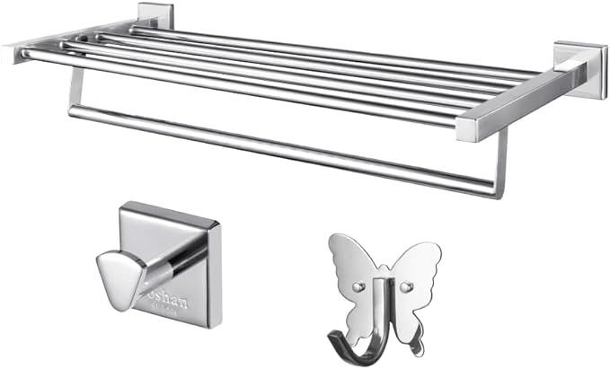 Roshan Handcrafted and Hand Polished Multi Purpose Towel Rack, Rust Proof and Peel Resistant Towel Shelf, Includes 2 Handmade Hooks (Polished Silver)