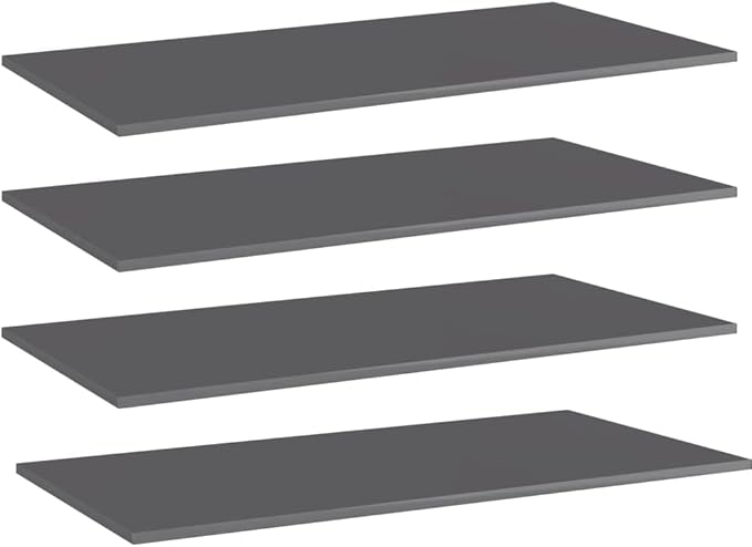 Set of 4 High Gloss Grey Engineered Wood Wall Shelves, Minimalist Floating Style Shelf Set for Modern Living Room and Kitchen Display