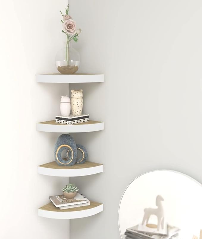 Wall Corner Shelves 4 Pack Oak White Floating Display for Living Room Bedroom, 13.7x13.7x1.4 Inch MDF Honeycomb Storage Shelves with Invisible Mounting System