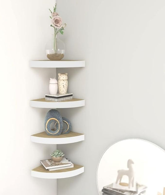 Floating Corner Shelves Set of 4 - Honeycomb MDF & Metal Wall Shelves 13.7"x13.7"x1.4" Oak & White - Invisible Mounting System for Bathroom, Living Room, Bedroom Decor & Storage