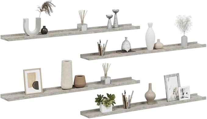 Concrete Gray Wall Shelves Set of 4, 39.4 Inch Floating Shelves for Living Room Bedroom, Modern Industrial MDF Shelf for Storage and Decor, Easy Mount