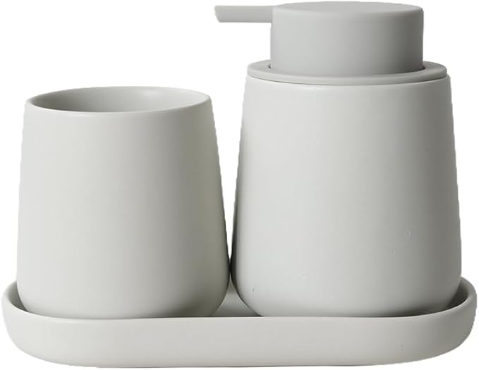 BosilunLife Bathroom Accessories Set 3 pcs - Bathroom Ceramic Foaming Soap Dispenser Set Farmhouse Bathroom Decor, Foam Soap Dispenser and Toothbrush Holder with Tray, Light Grey