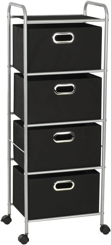 4 Fabric Shelves Storage Rack Unit in Black and Silver with Fabric Storage Boxes for Bedroom and Bathroom Organization